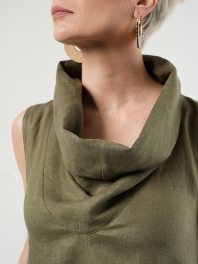 Maxi Linen Dress With Large Collar in Khaki