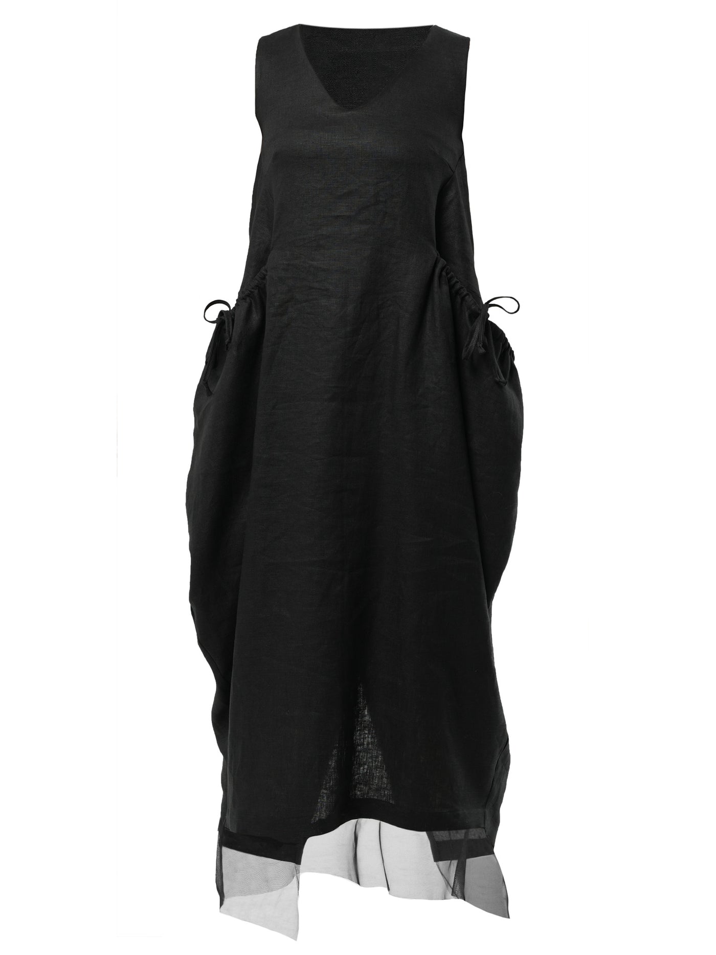 Long Linen Dress With Oversized Pockets In Black