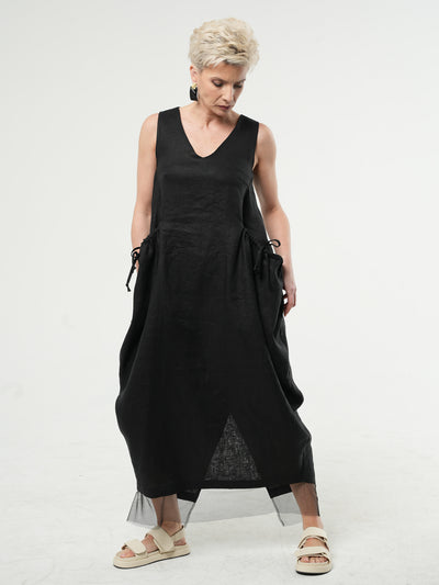 Long Linen Dress With Oversized Pockets In Black