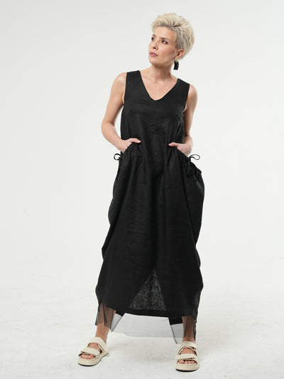 Long Linen Dress With Oversized Pockets In Black