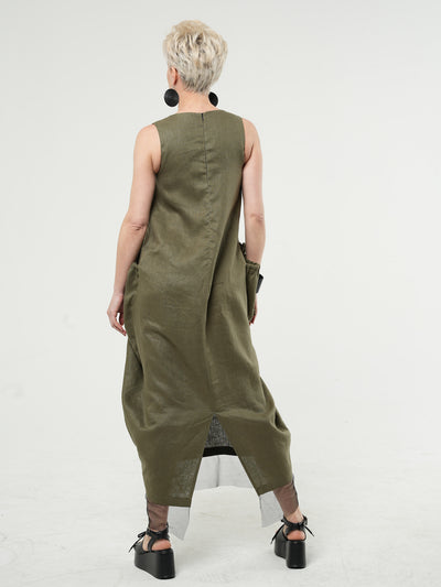 Long Linen Dress With Oversized Pockets In Khaki