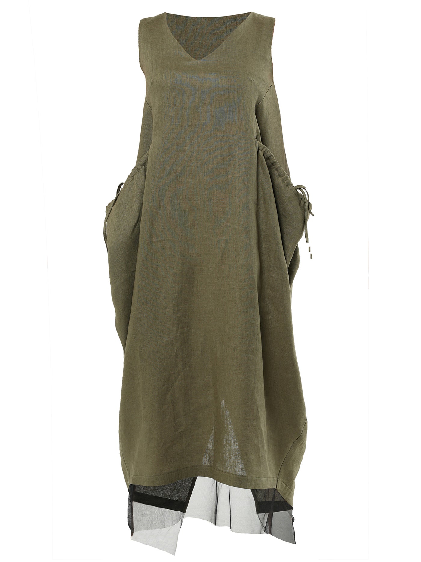 Long Linen Dress With Oversized Pockets In Khaki