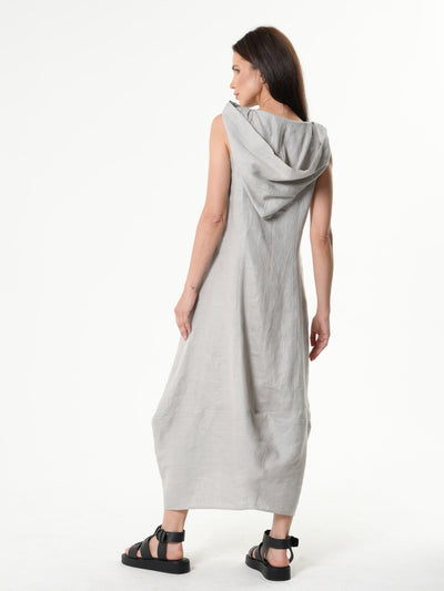 Linen Hooded Dress In Gray