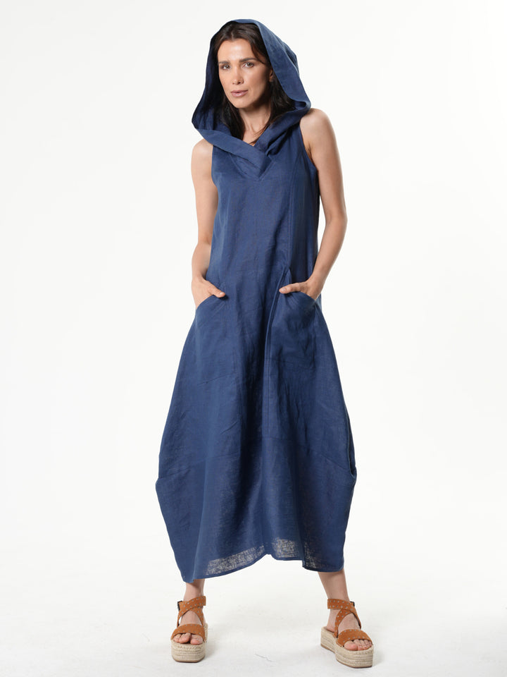 Linen Hooded Dress In Blue – Metamorphoza