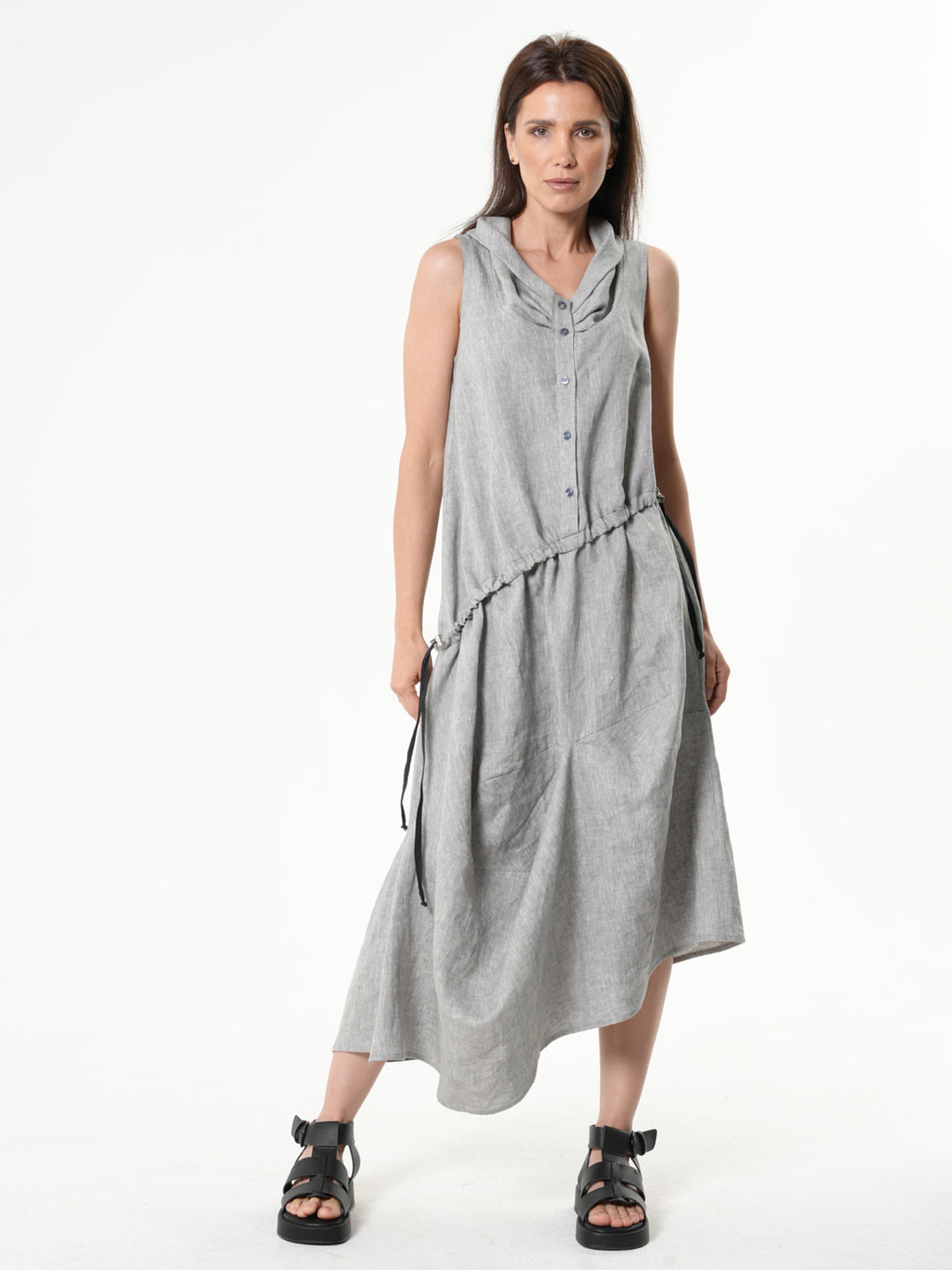 Gray Linen Dress With Asymmetric Hem – Metamorphoza