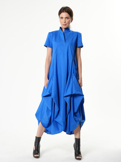 Asymmetric Collared Dress With Short Sleeves