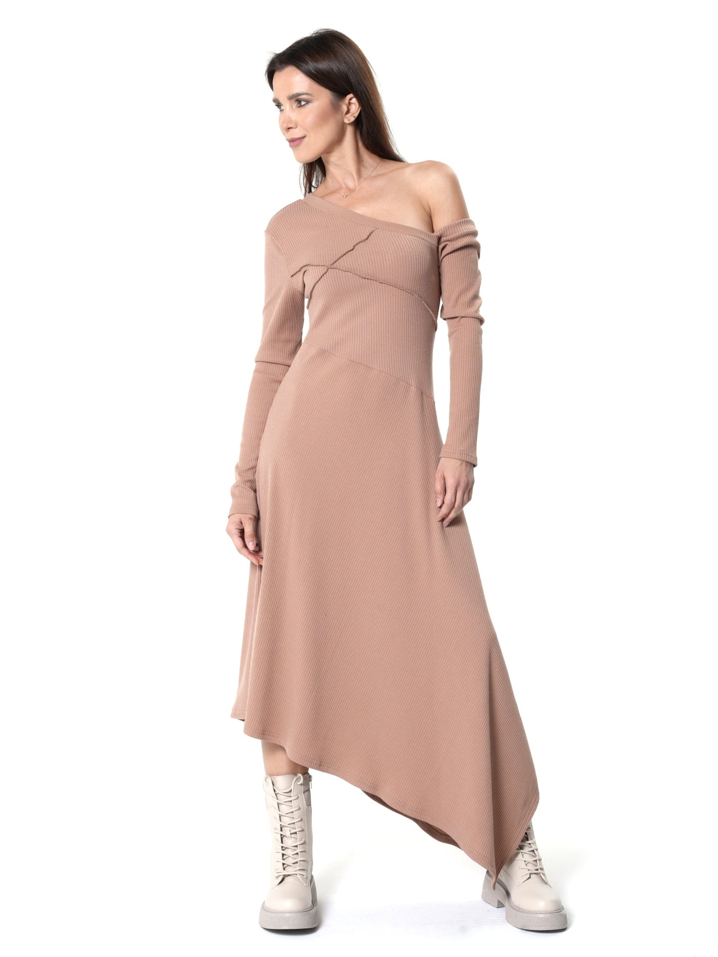 Cold Shoulder Asymmetric Dress In Beige Metamorphoza Cold Shoulder Asymmetric Dress In Beige Metamorphoza