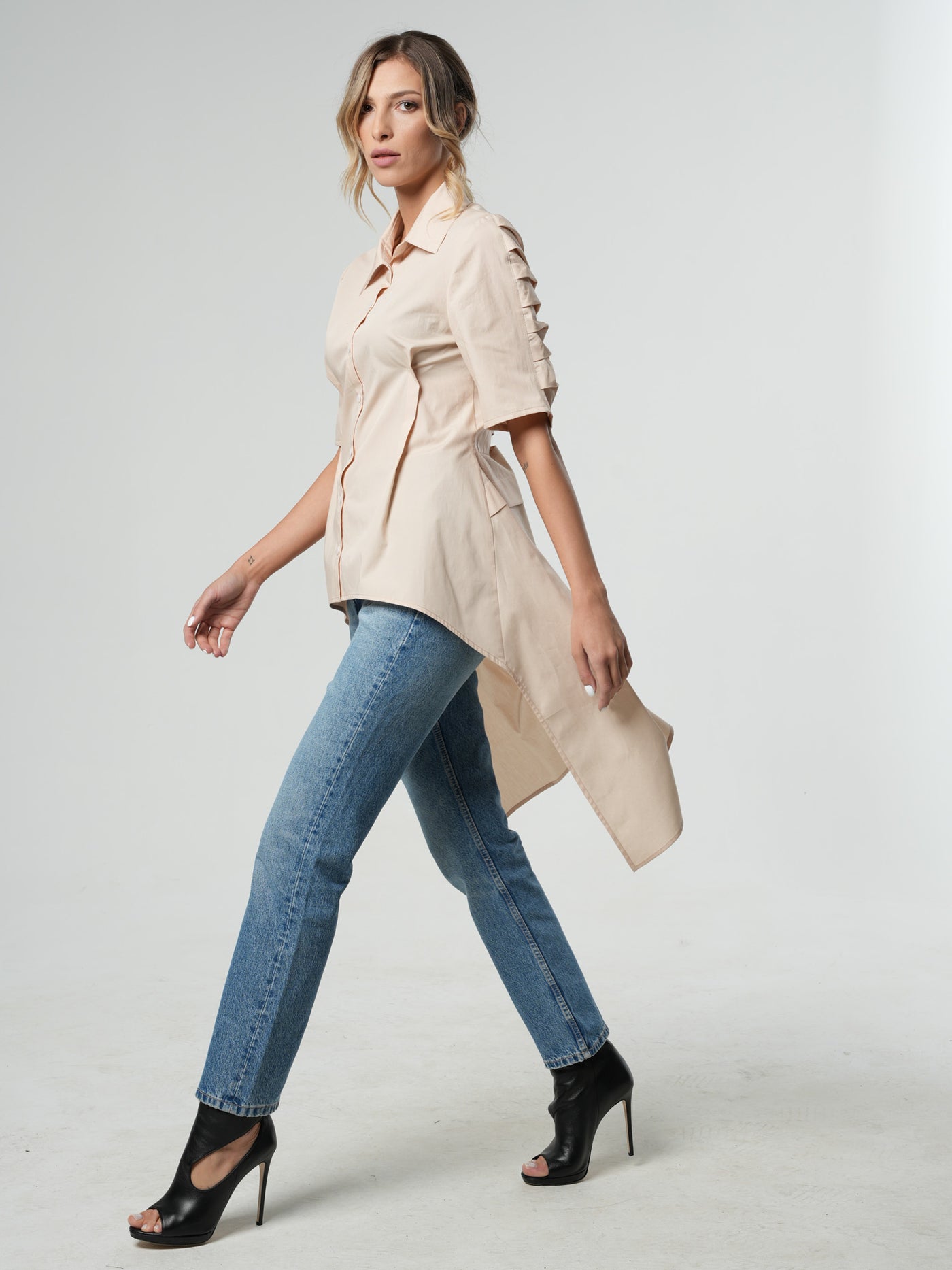 Asymmetric Shirt With Open Back In Beige