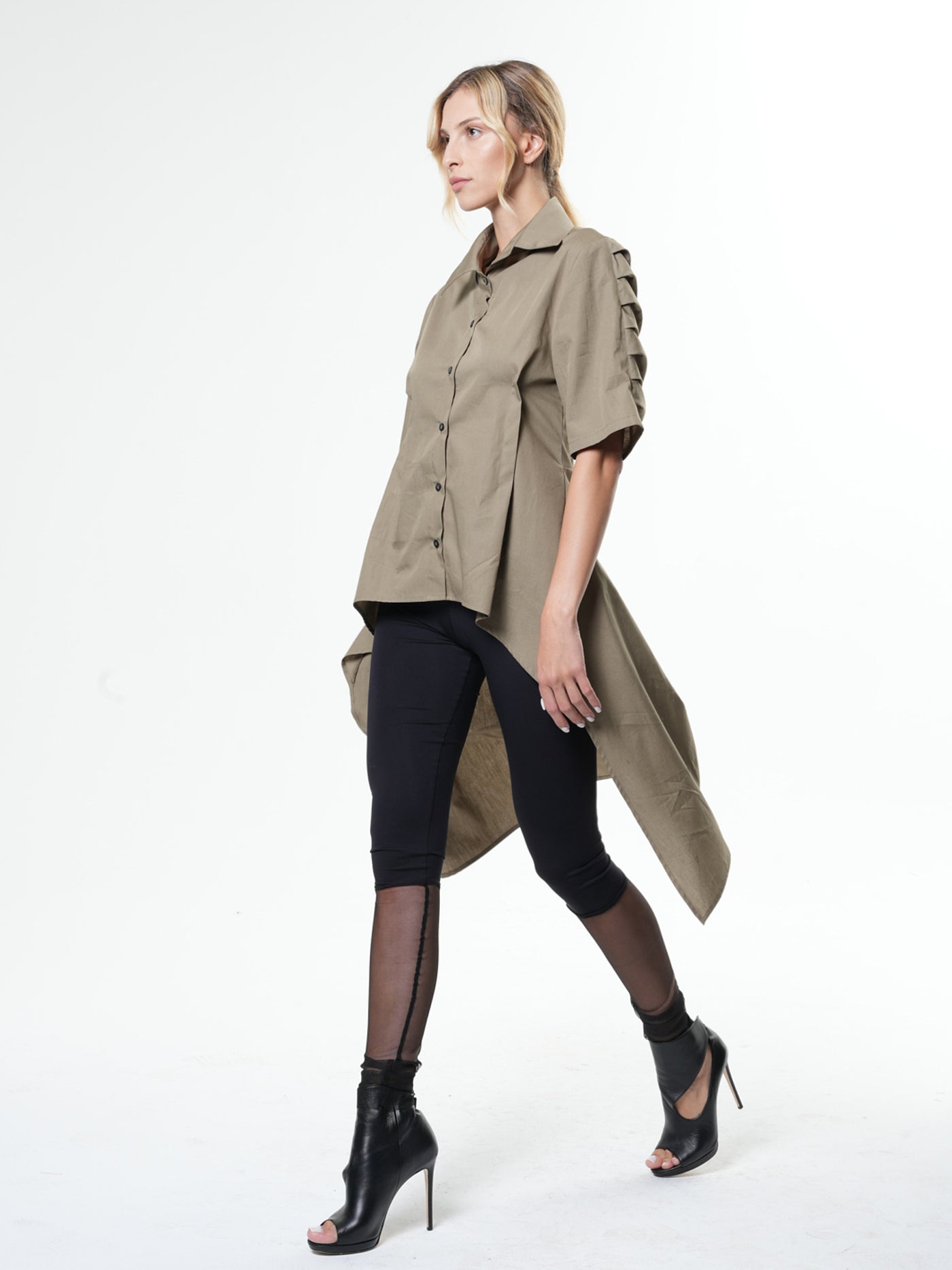 Asymmetric Shirt With Open Back In Khaki