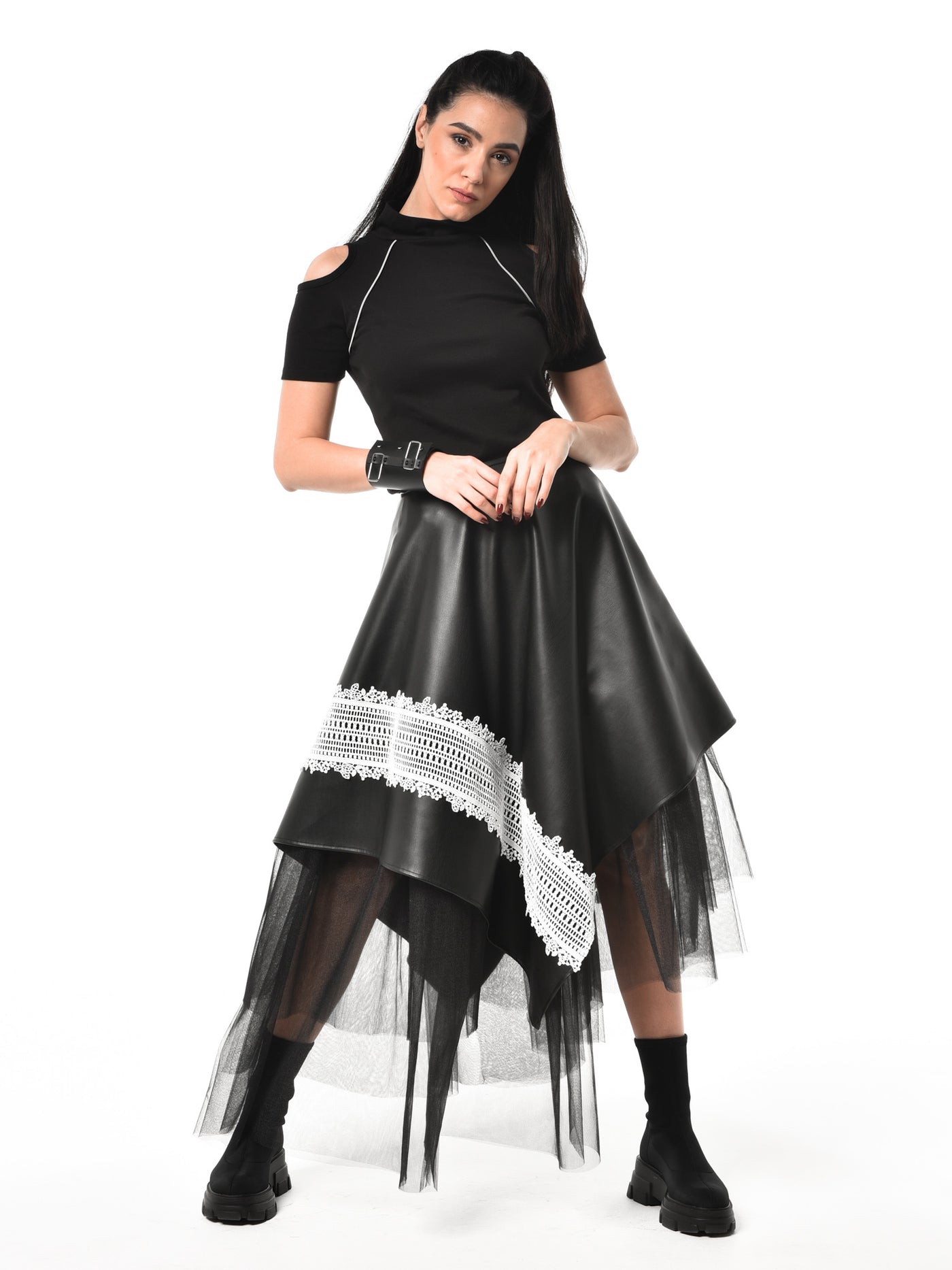 Black Vegan Leather Skirt with Black Tulle