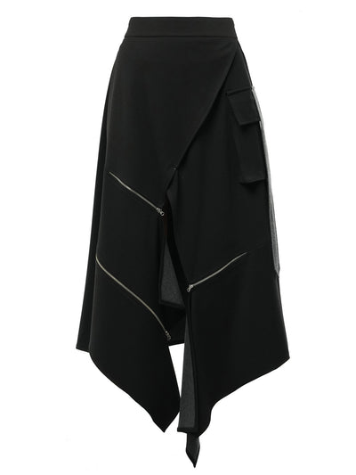 Asymmetric Black Long Skirt with Zippers