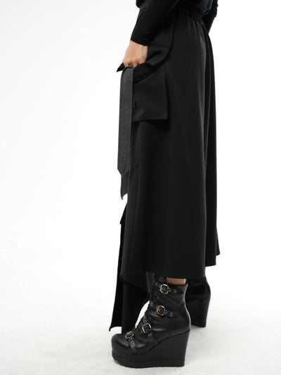 Asymmetric Black Long Skirt with Zippers