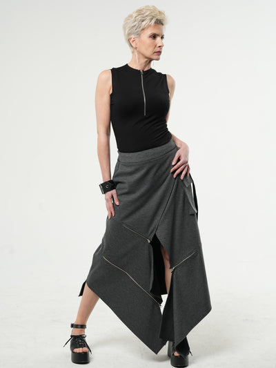 Asymmetric Gray Long Skirt with Zippers