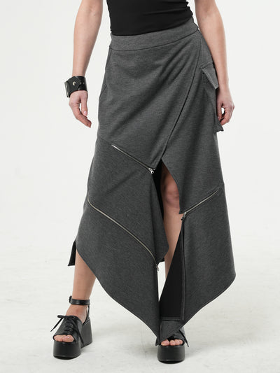 Asymmetric Gray Long Skirt with Zippers