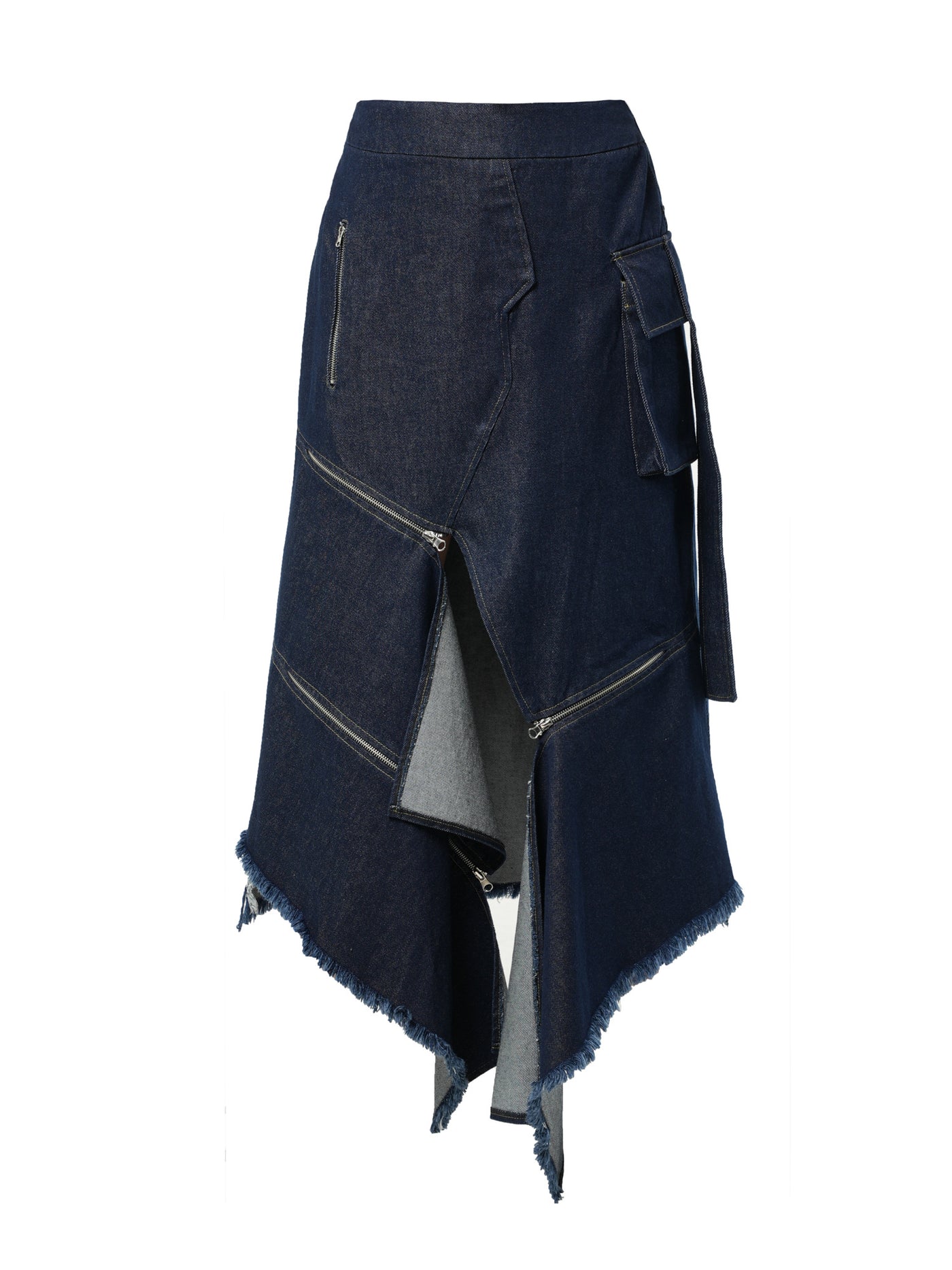 Asymmetric Denim Long Skirt with Zippers