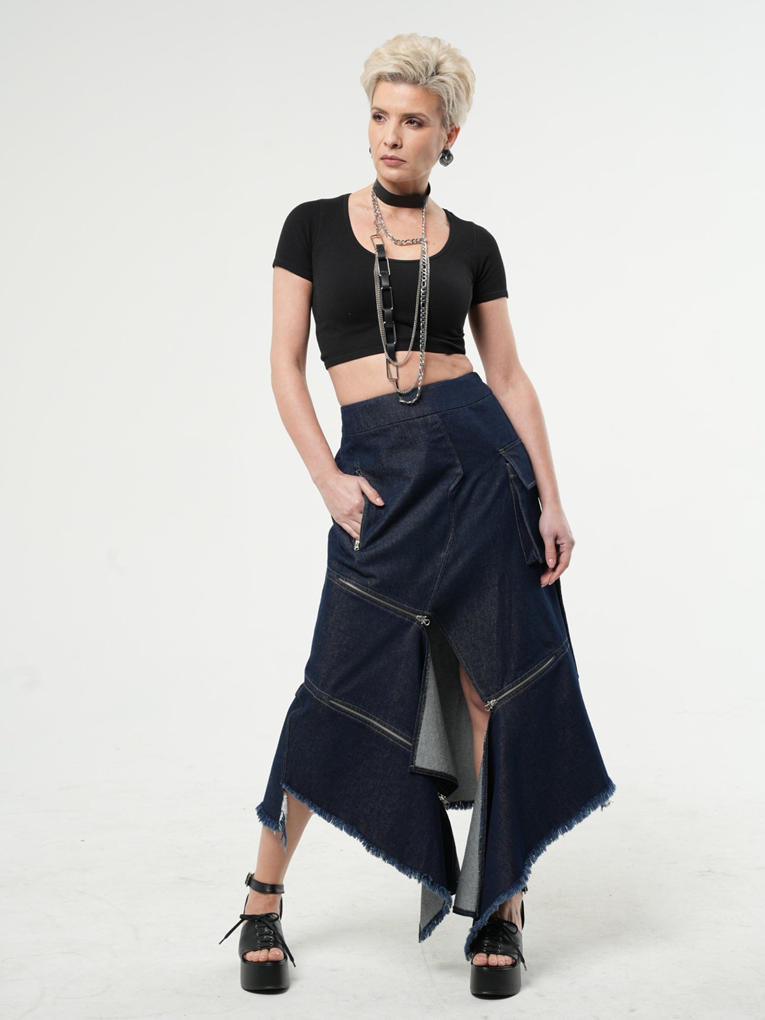 Asymmetric Denim Long Skirt with Zippers – Metamorphoza