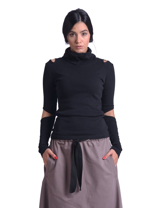Black Cutout Turtleneck Cotton Top