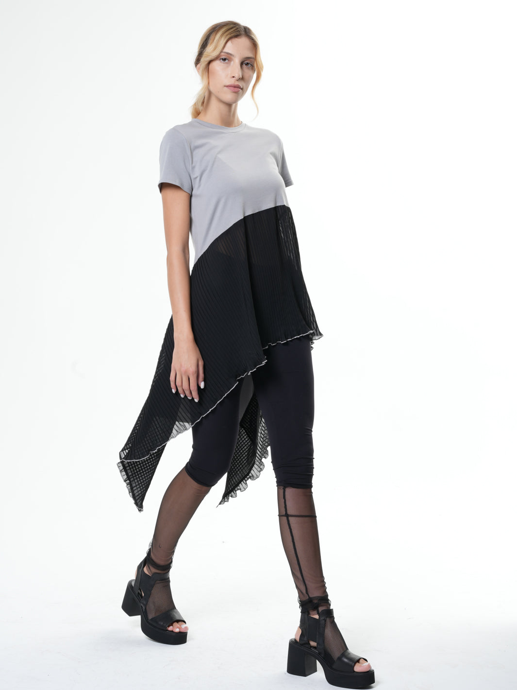 Tunic With Pleated Chiffon Layer In Gray