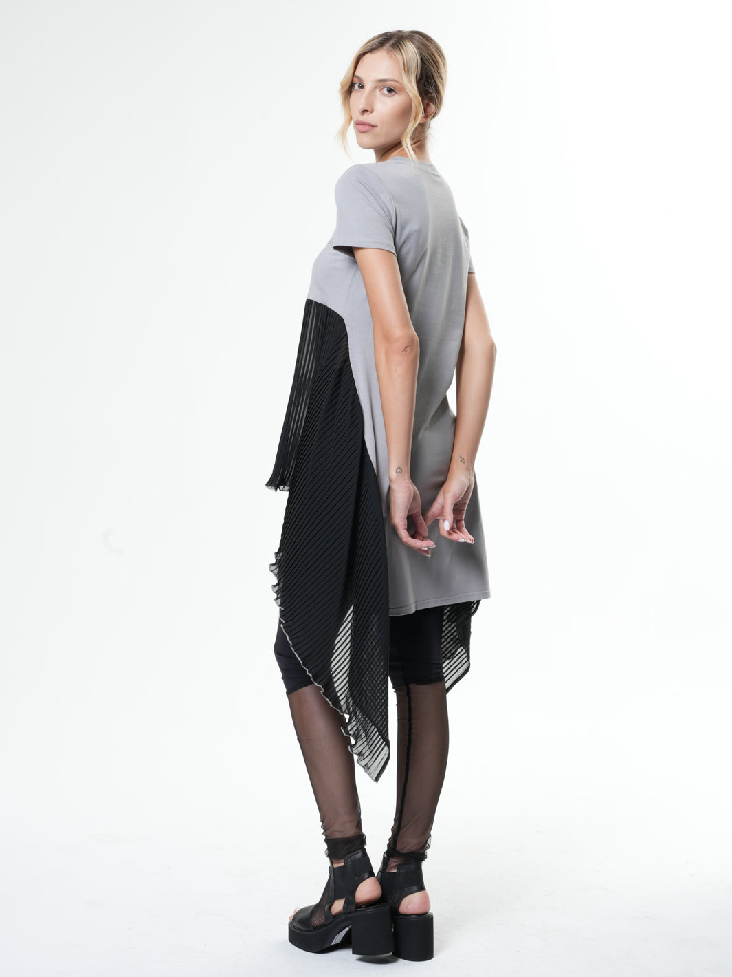 Tunic With Pleated Chiffon Layer In Gray