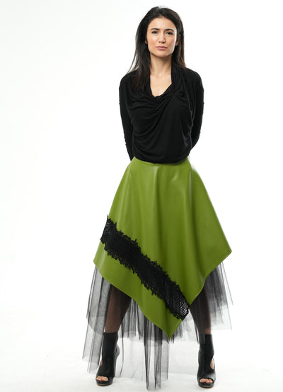 Vegan Leather Skirt with Tulle