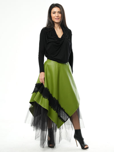 Vegan Leather Skirt with Tulle