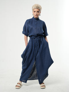 Long Linen Shirt Dress In Blue