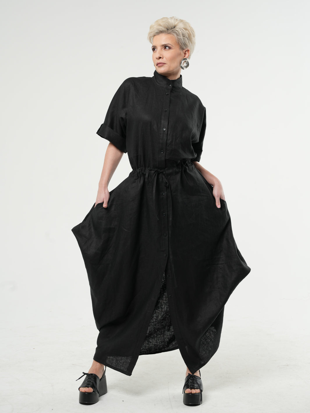 chinese dress ladies Womens Button Down Maxi Shirt Dress Loose Fit Boho Cotton Linen Long Shirt  Dress Casual Lapel Collar Long Sleeve Maxi Dresses Spring Fall V Neck Flowy  Baggy Blouse Dress with Pockets S A main image 1