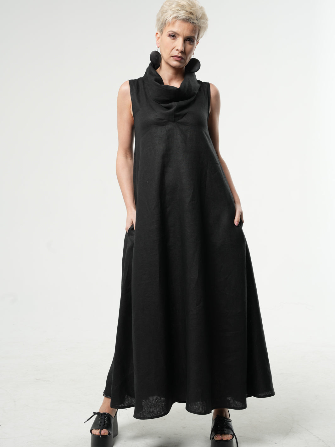 Beige Linen Maxi Dress With Large Collar  Metamorphoza