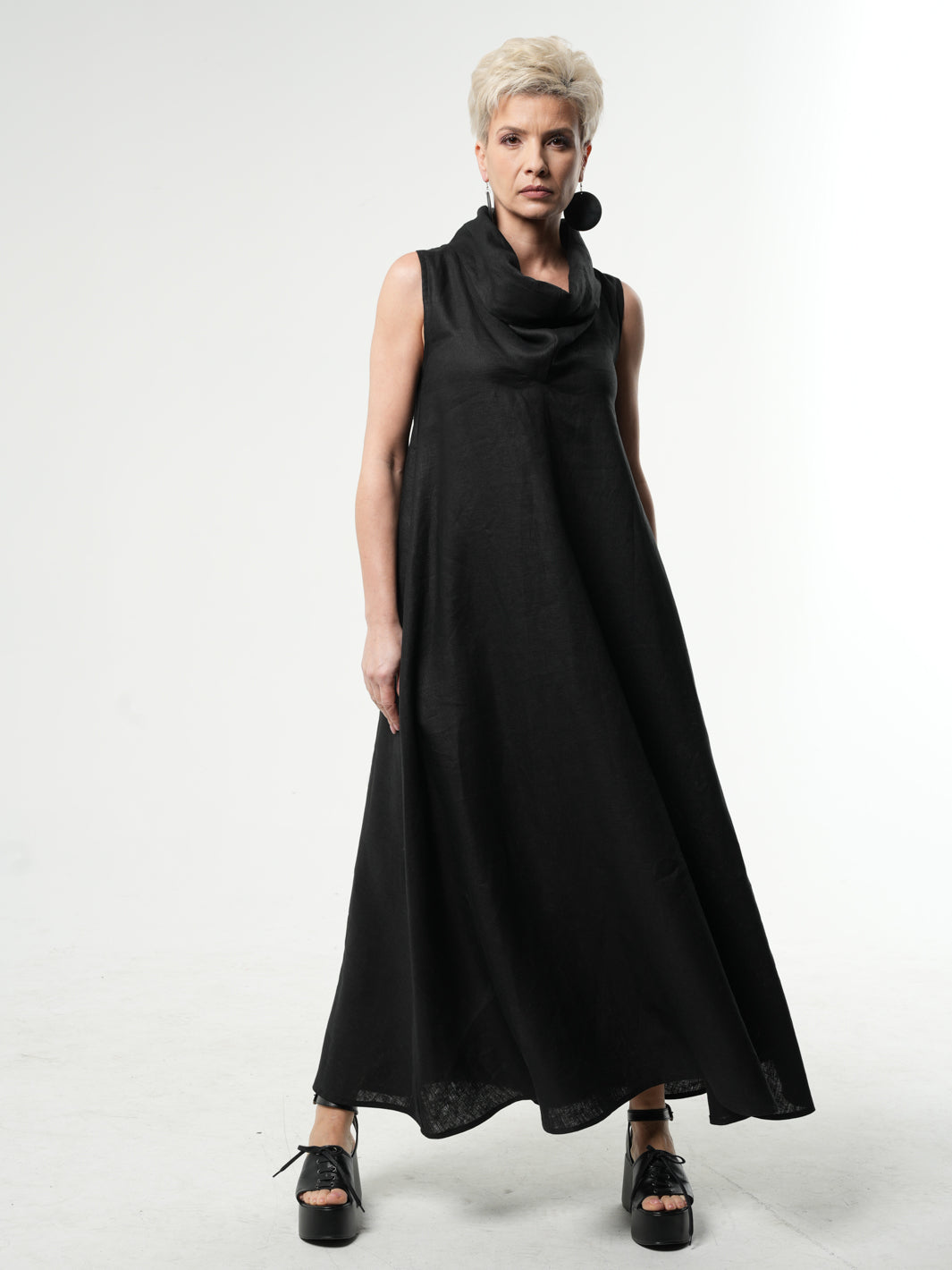 Black Linen Maxi Dress With Large Collar