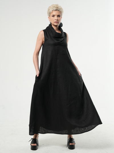 Black Linen Maxi Dress With Large Collar