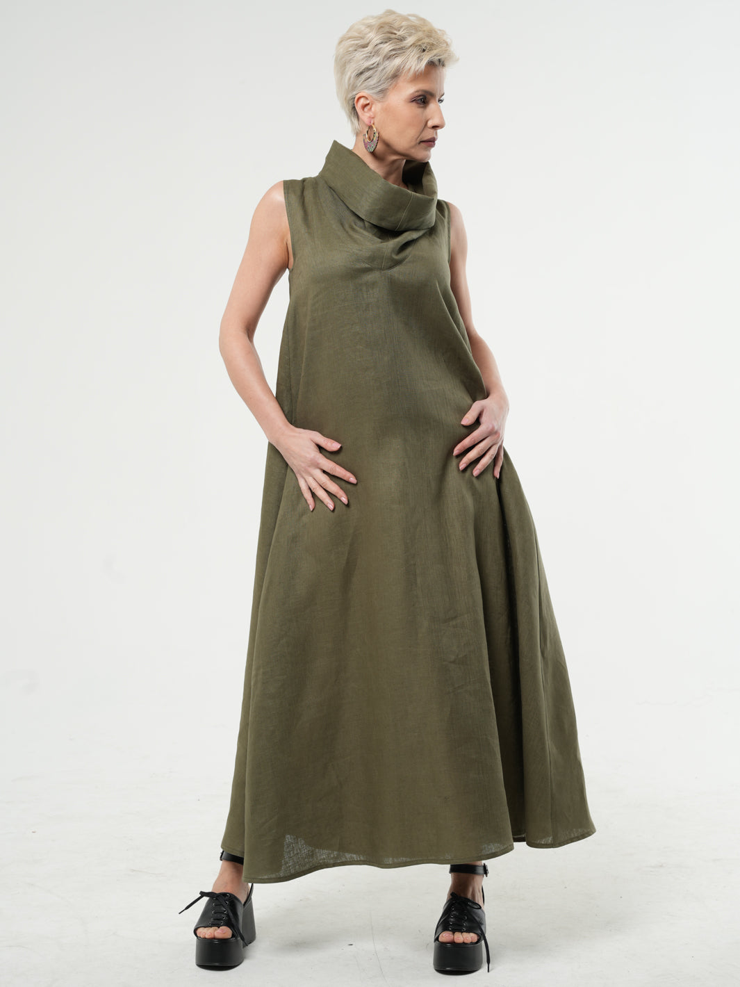 Beige Linen Maxi Dress With Large Collar