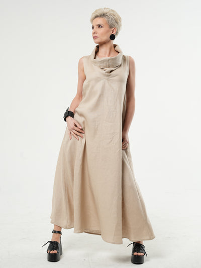 Beige Linen Maxi Dress With Large Collar