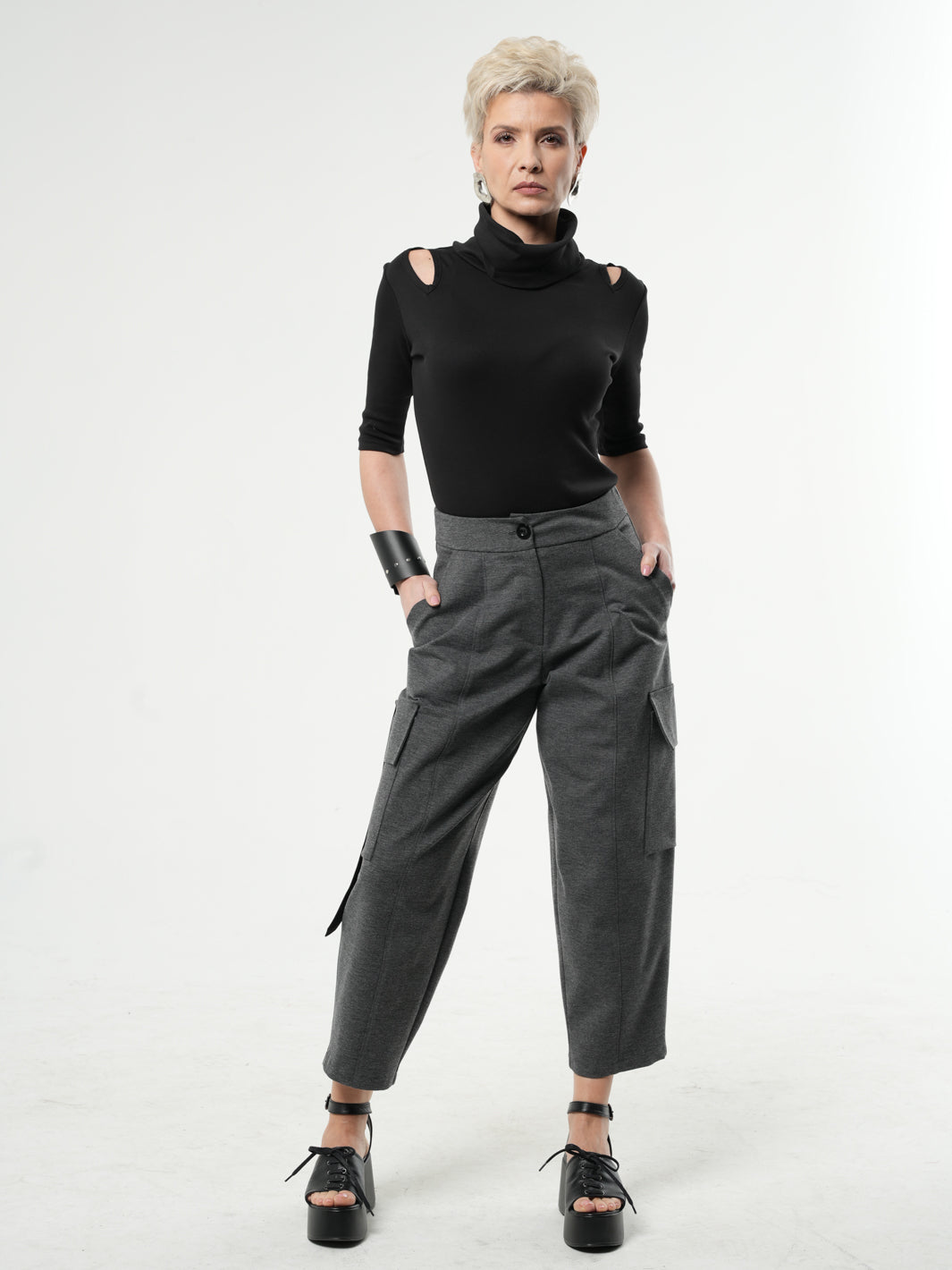 Ankle-Length Gray Cargo Pants