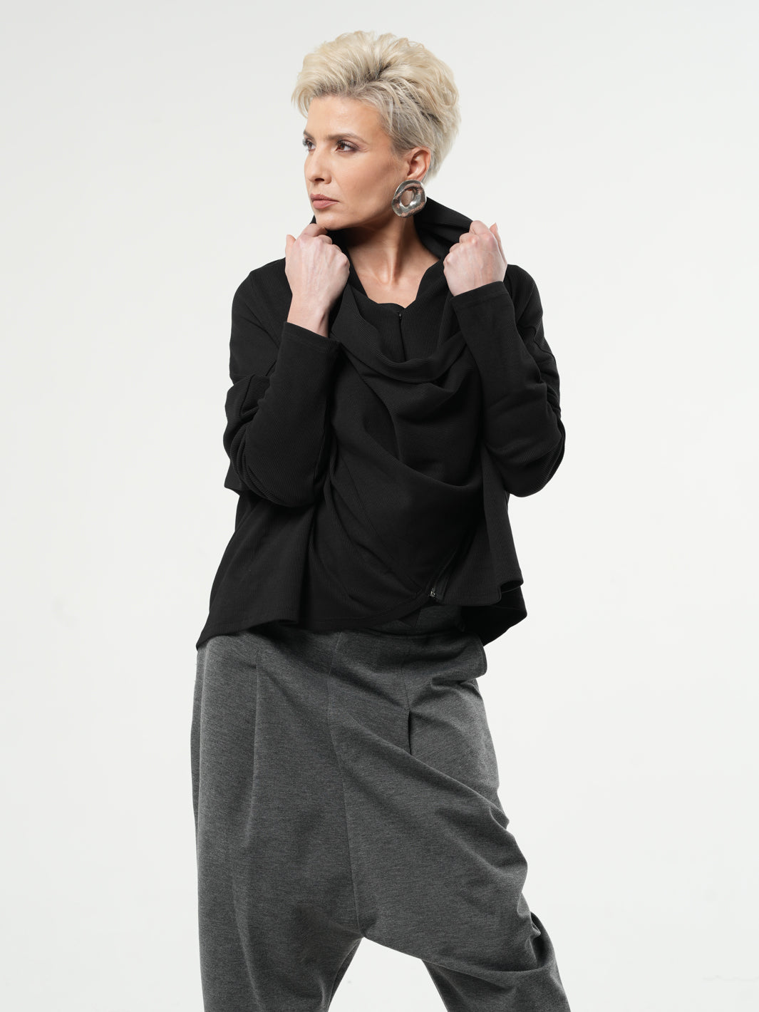 Black Loose Cardigan With Side Zipper