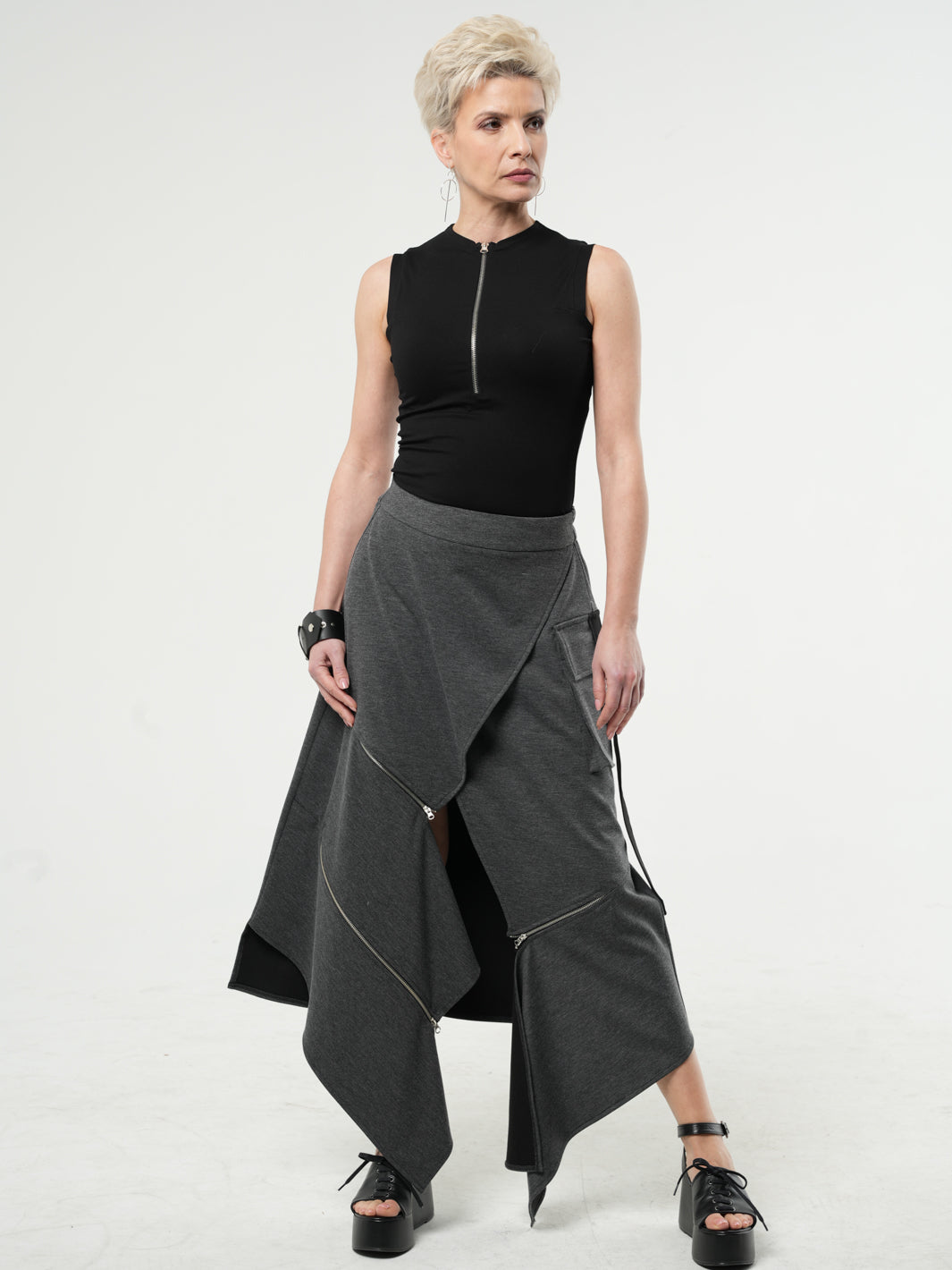 Asymmetric Gray Long Skirt with Zippers