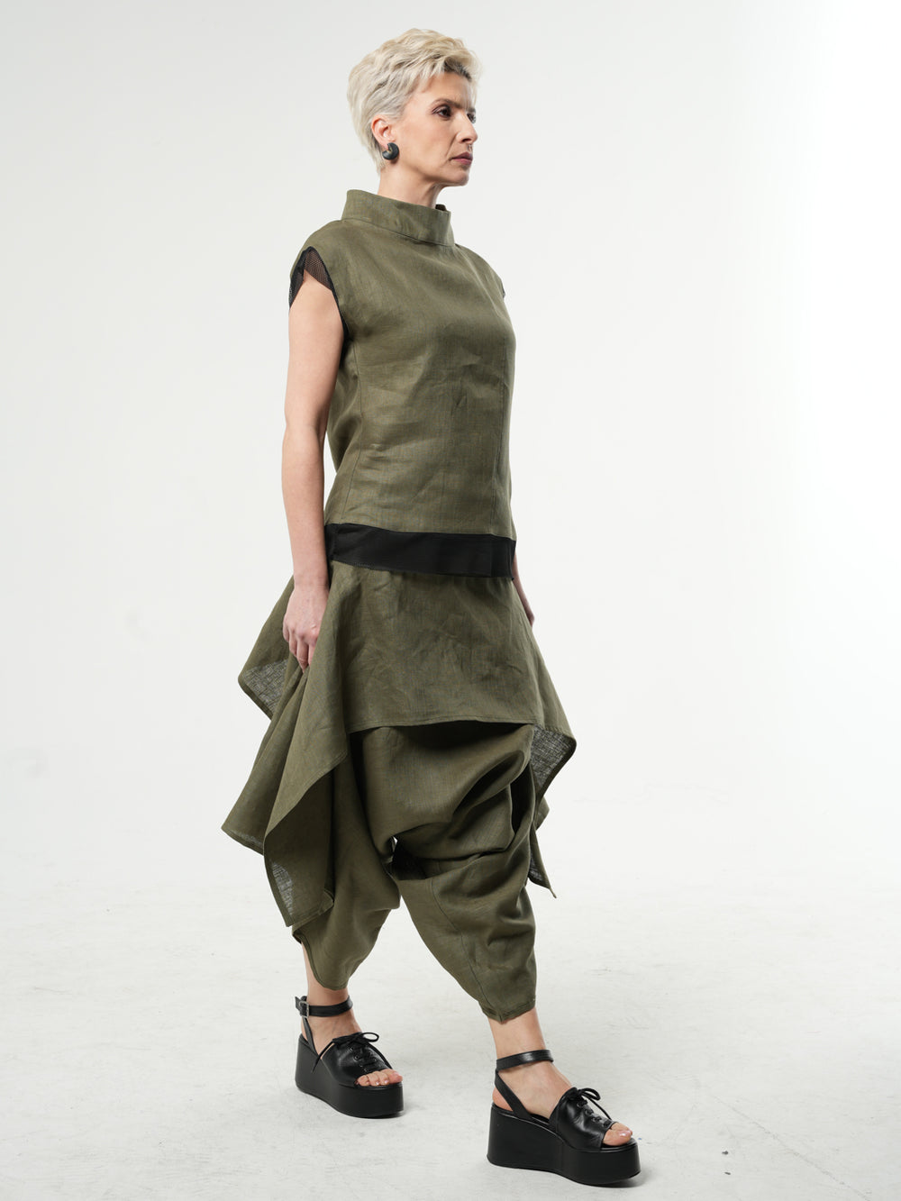 Turtleneck Linen Top In Khaki