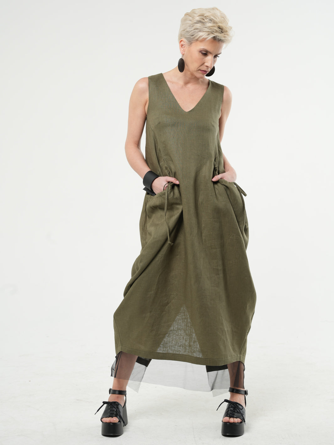khaki green linen dress Vintage khaki green linen summer maxi dress