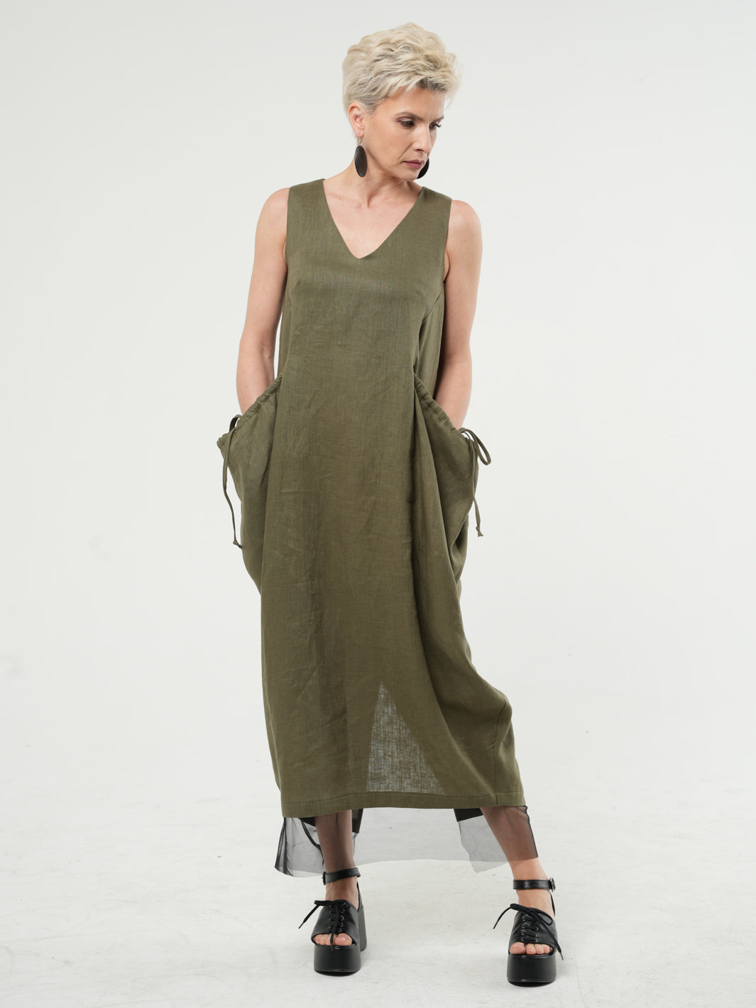 chinese dress ladies Long Linen Dress With Oversized Pockets In Khaki – Metamorphoza