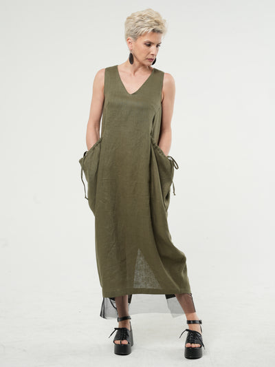 Long Linen Dress With Oversized Pockets In Khaki