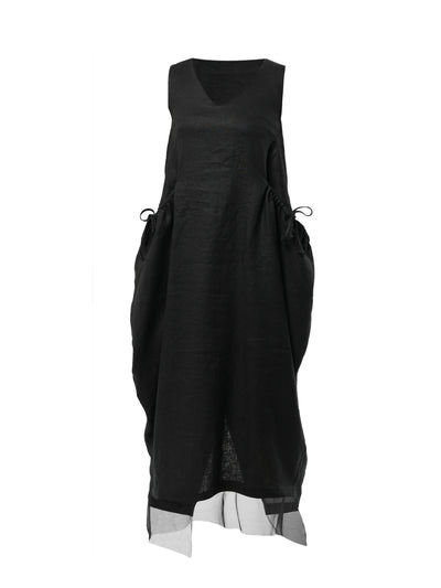 Long Linen Dress With Oversized Pockets In Black