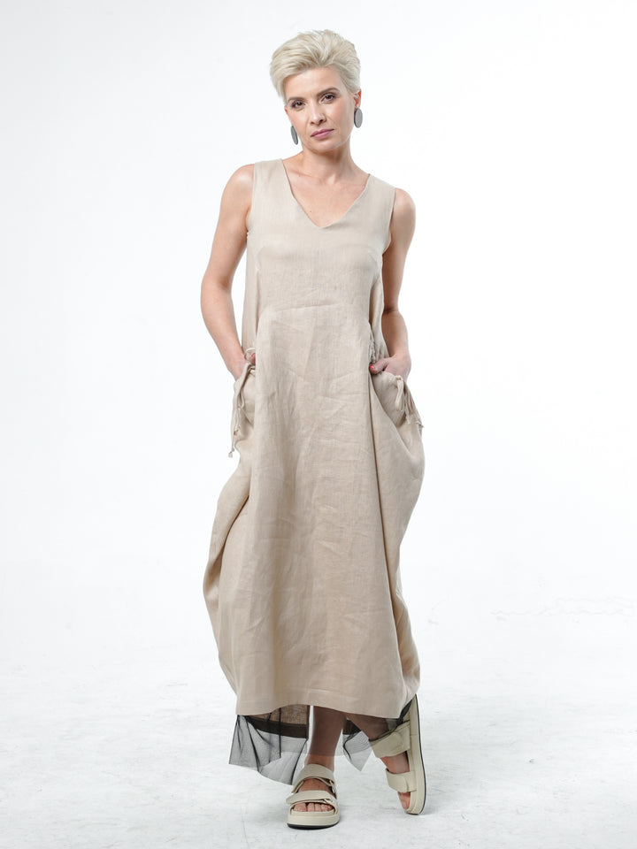 Long Linen Dress With Oversized Pockets In Beige Metamorphoza Long Linen Dress With Oversized Pockets In Beige Metamorphoza