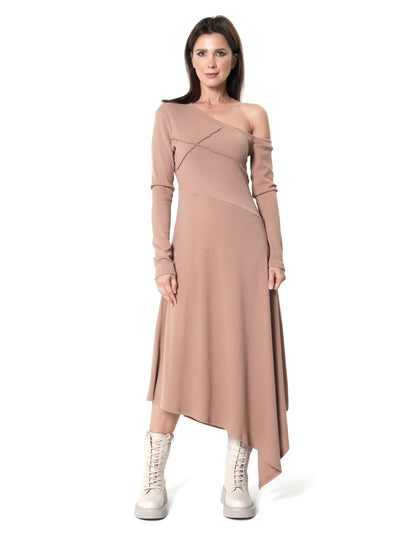 Cold Shoulder Asymmetric Dress In Beige