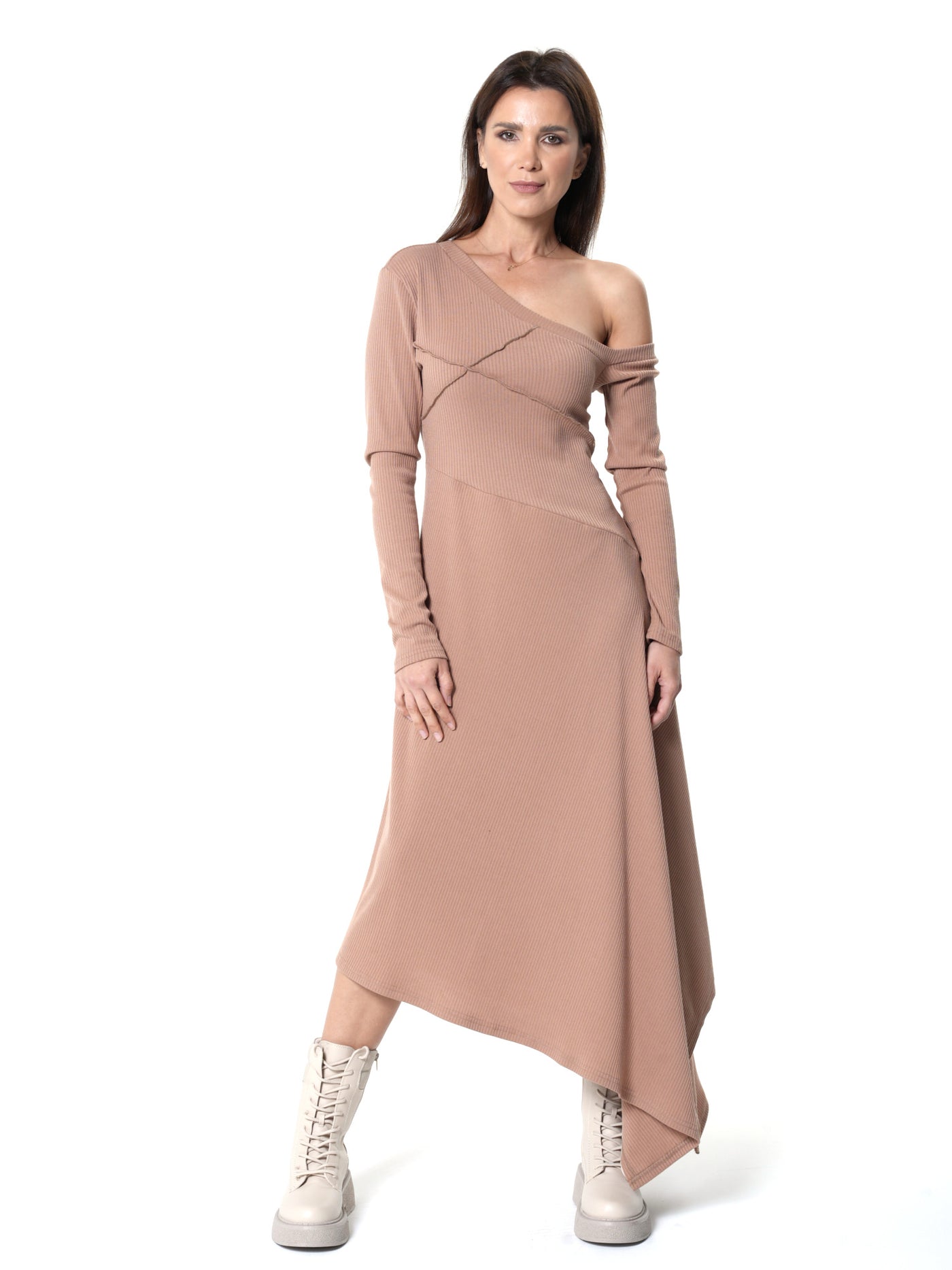 Cold Shoulder Asymmetric Dress In Beige