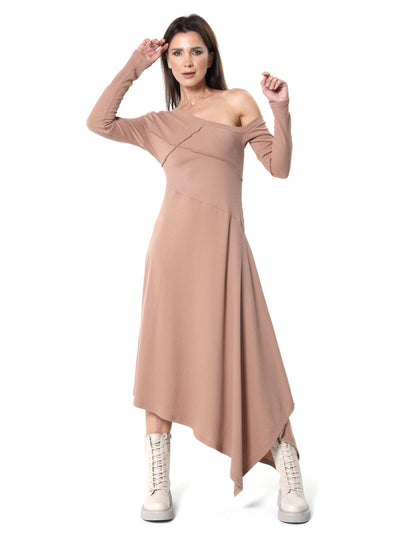 Cold Shoulder Asymmetric Dress In Beige