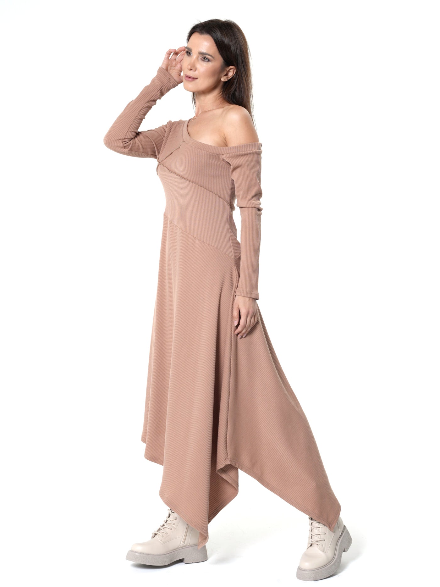 Cold Shoulder Asymmetric Dress In Beige