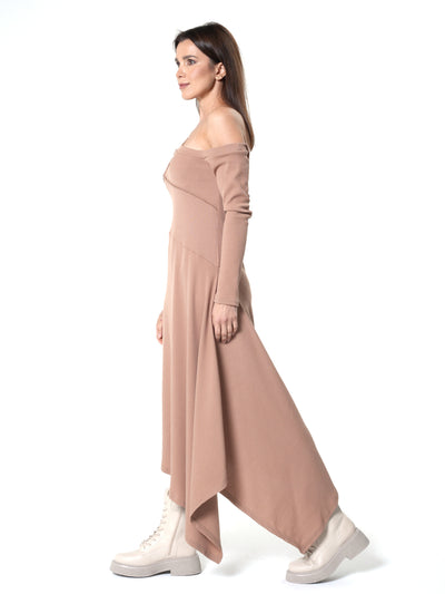 Cold Shoulder Asymmetric Dress In Beige