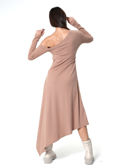 Cold Shoulder Asymmetric Dress In Beige