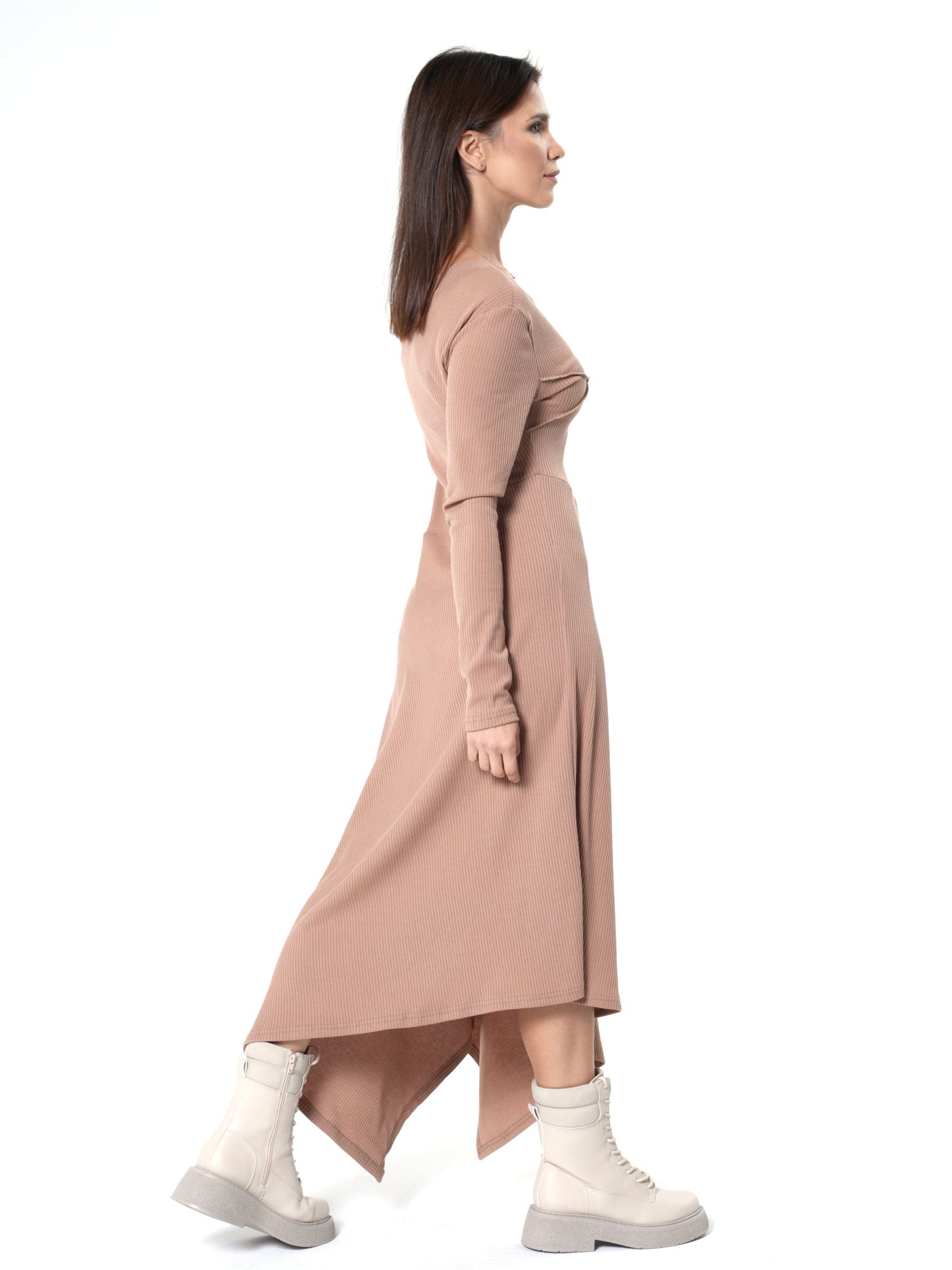 Cold Shoulder Asymmetric Dress In Beige