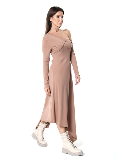 Cold Shoulder Asymmetric Dress In Beige