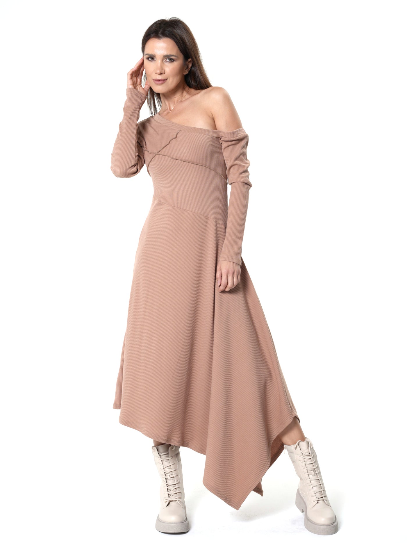 Cold Shoulder Asymmetric Dress In Beige